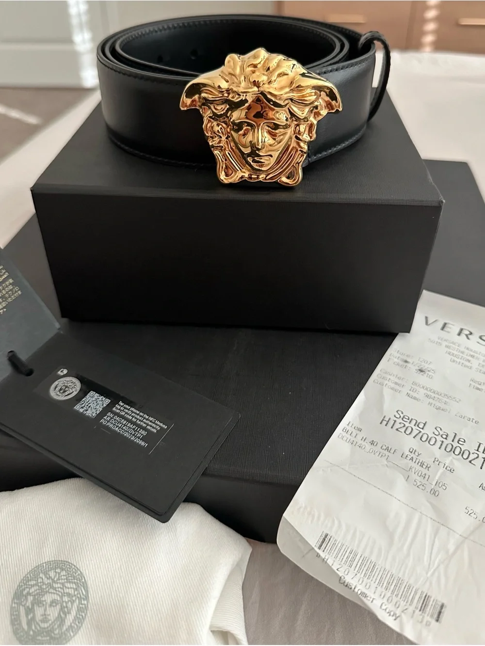 Versace Black Leather Belt with Gold Medusa Buckle